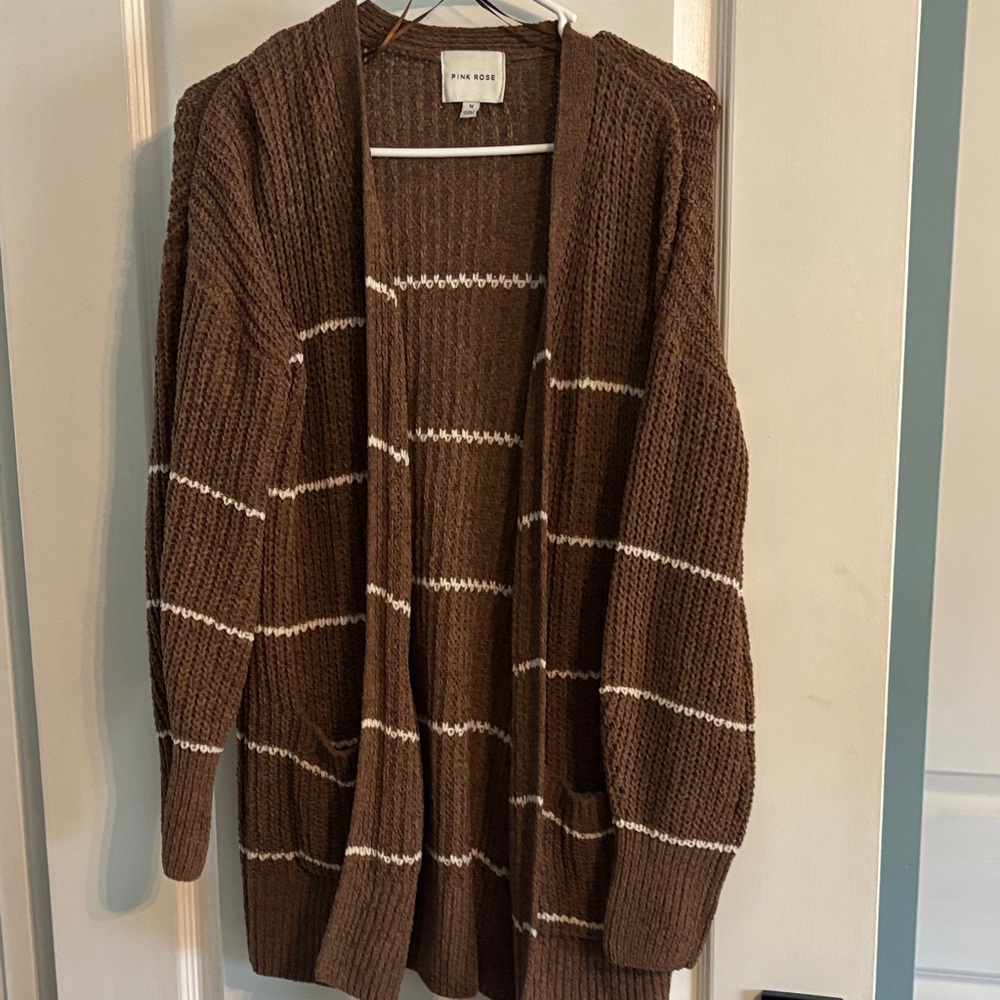 Pink Rose Brown and White Striped Cardigan
